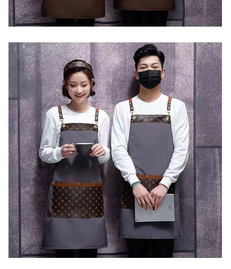 AG W015  新款時尚 PU老花印花拼接款圍裙   上海廠家定制工作圍裙