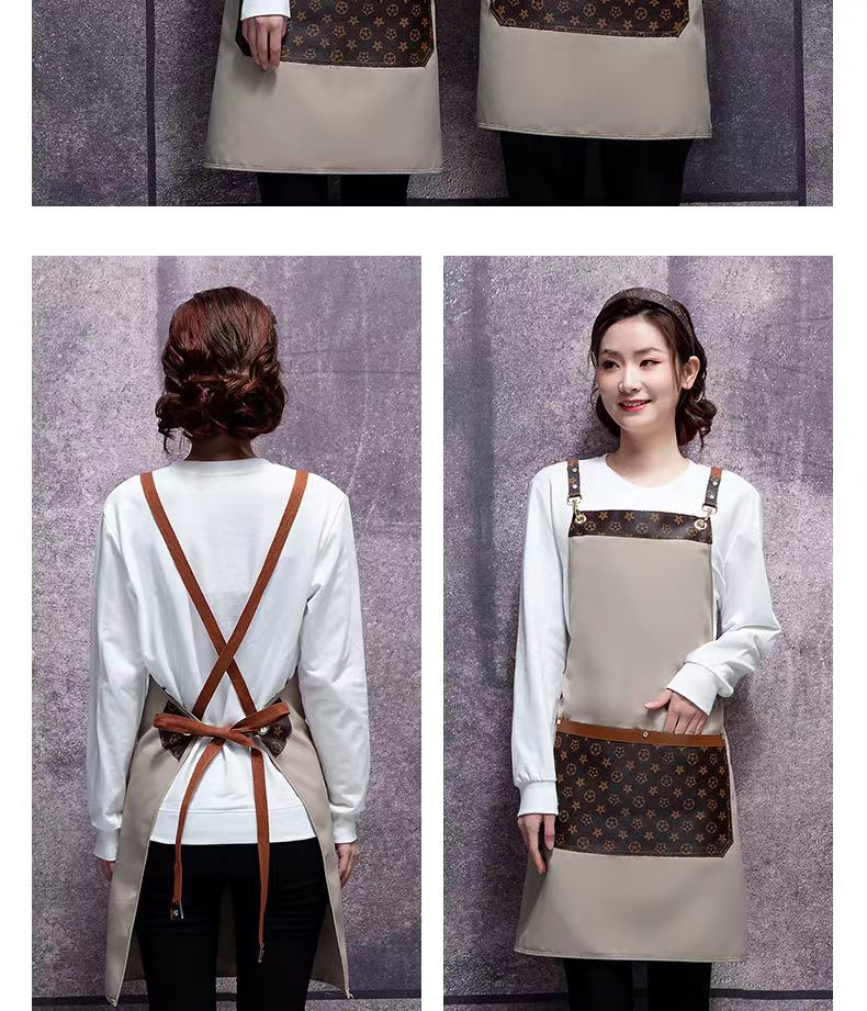 AG W015  新款時尚 PU老花印花拼接款圍裙   上海廠家定制工作圍裙
