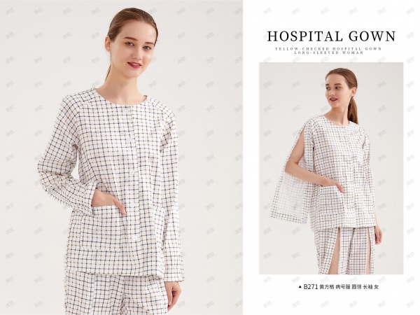 AG B271黃方格 圓領長袖 病員服套裝 AG B271黃方格 圓領長袖 病員服套裝