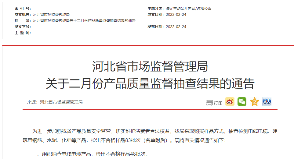 2022年2月份河北市场监督管理局电线电缆产品监督抽查出不合格样品48批次 2022年2月份河北市场监督管理局电线电缆产品监督抽查出不合格样品48批次