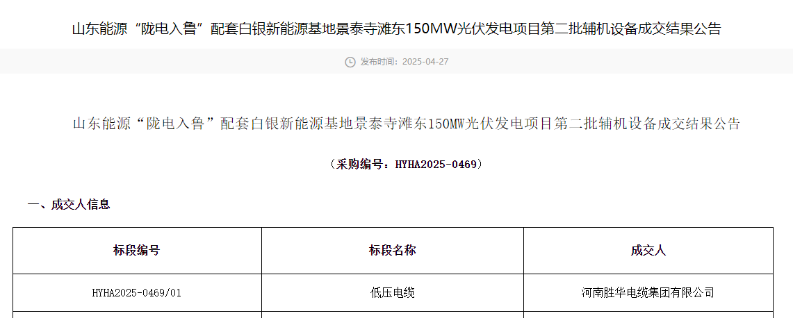 河南胜华电缆中标“陇电入鲁”景泰寺滩东150MW光伏发电项目