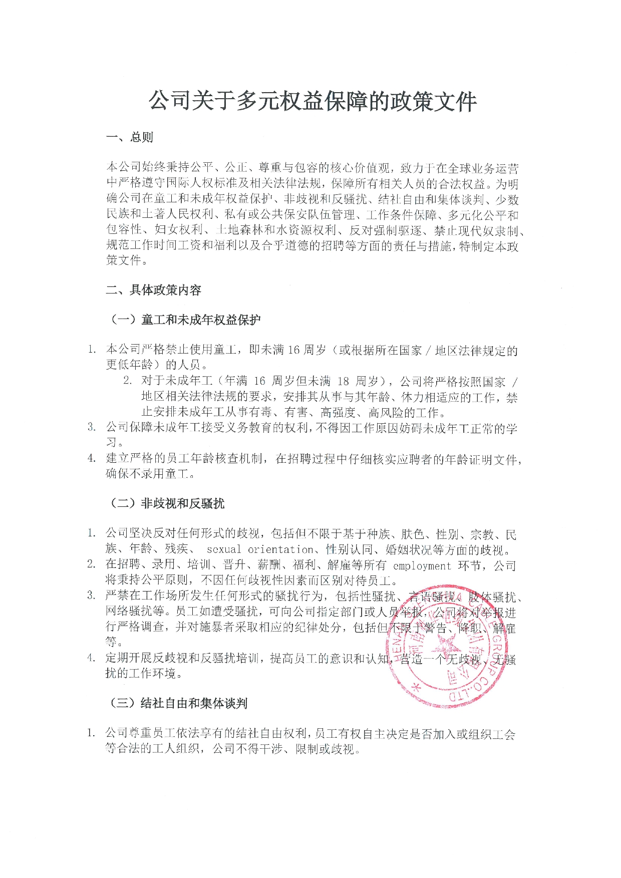 公司工作条件与人权政策文件